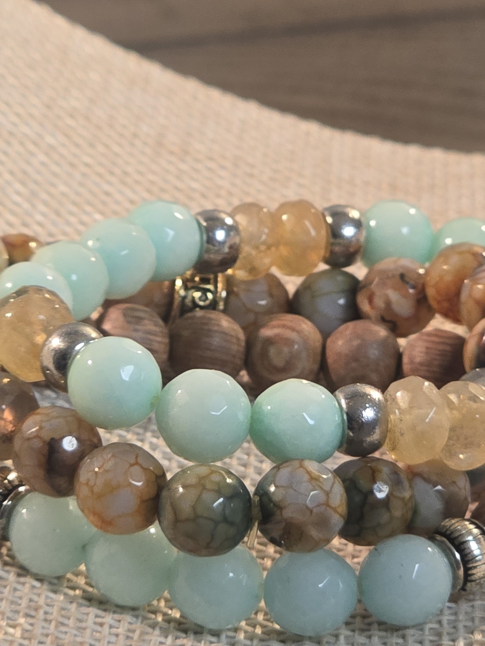 Handcrafted Mint & Brown Beaded Stretch Bracelet Set